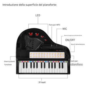Pianoforte per Bambini 31 Tasti con Sgabello Microfono Luci Funzioni Educative Nero