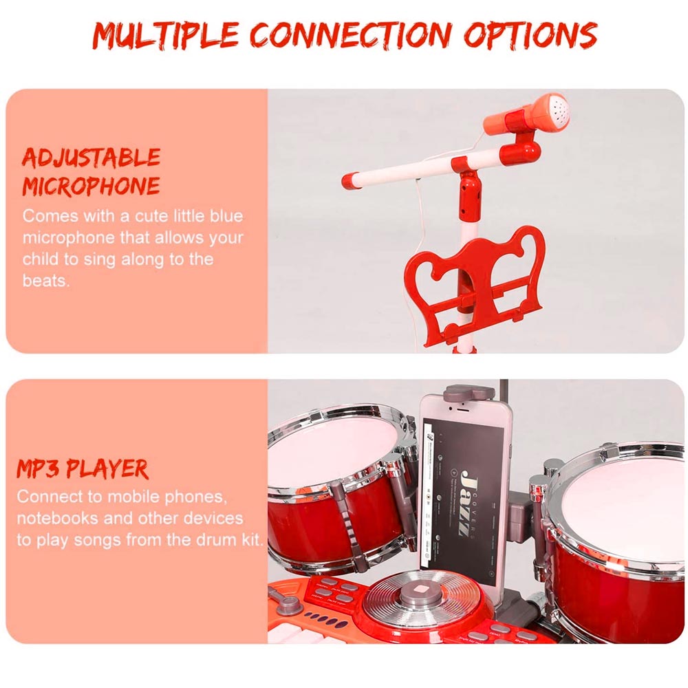 Batteria Musicale Giocattolo con Microfono Pianola DJ MP3 Rossa per Bambini