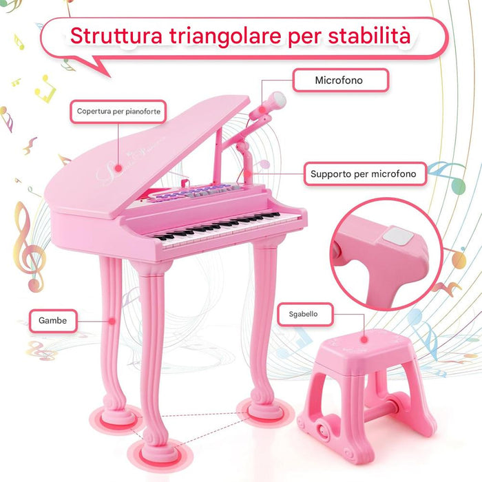 Pianoforte per Bambini 31 Tasti con Sgabello Microfono Luci Funzioni Educative Rosa