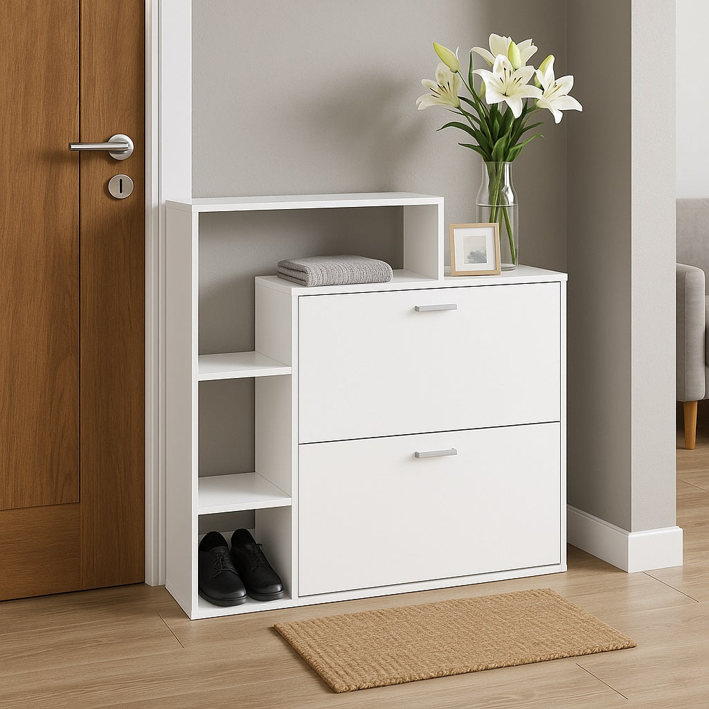 Scarpiera Doppia Profondità con Libreria 4 Ripiani Salvaspazio 102x25x98 cm Bianco