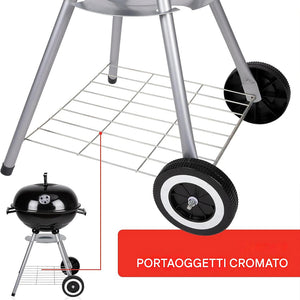 Barbecue a Carbone con Ruote BBQ Rotondo in Acciaio con Valvola di Ventilazione