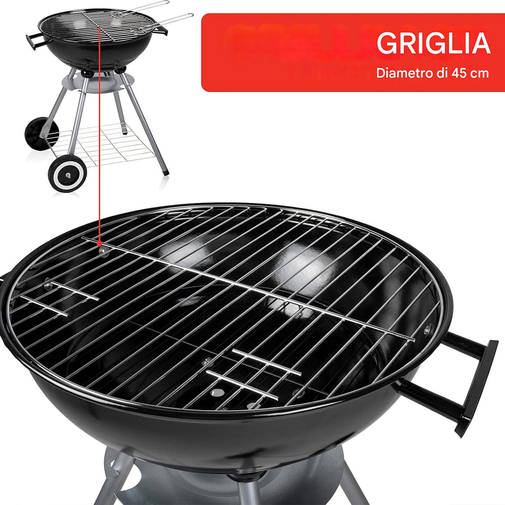 Barbecue a Carbone con Ruote BBQ Rotondo in Acciaio con Valvola di Ventilazione