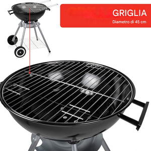 Barbecue a Carbone con Ruote BBQ Rotondo in Acciaio con Valvola di Ventilazione