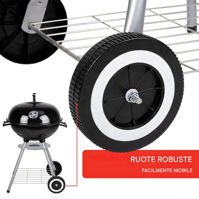 Barbecue a Carbone con Ruote BBQ Rotondo in Acciaio con Valvola di Ventilazione