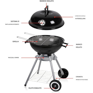 Barbecue a Carbone con Ruote BBQ Rotondo in Acciaio con Valvola di Ventilazione