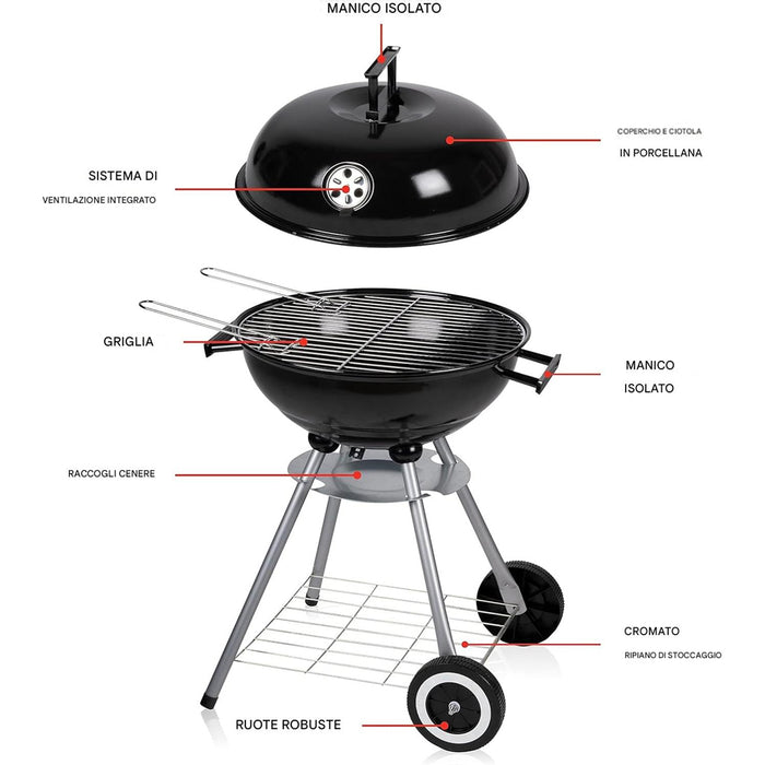 Barbecue a Carbone con Ruote BBQ Rotondo in Acciaio con Valvola di Ventilazione