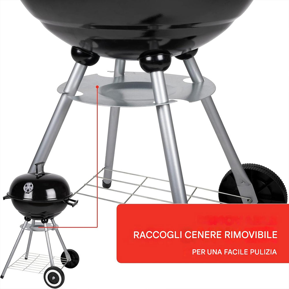 Barbecue a Carbone con Ruote BBQ Rotondo in Acciaio con Valvola di Ventilazione