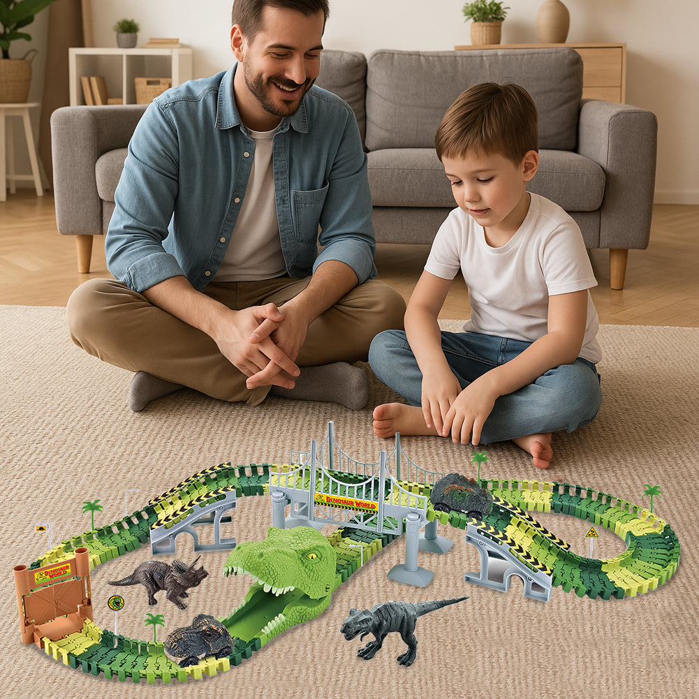 Playset Pista Macchinine Flessibili Parco dei Dinosauri Gioco con T-Rez 144 Pz