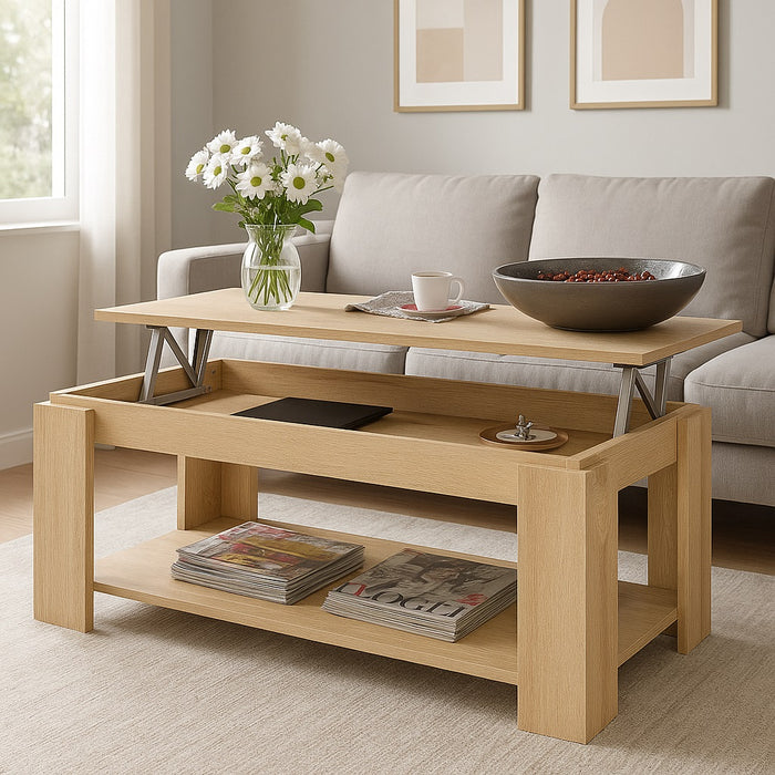 Tavolino Soggiorno Salotto Moderno con Rialzo Vano Contenitore Apribile Legno Beige