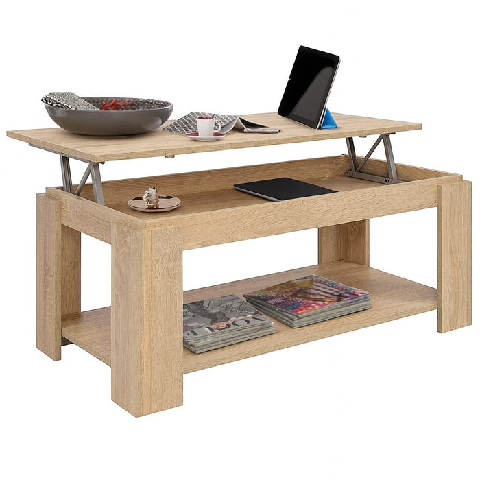 Tavolino Soggiorno Salotto Moderno con Rialzo Vano Contenitore Apribile Legno Beige