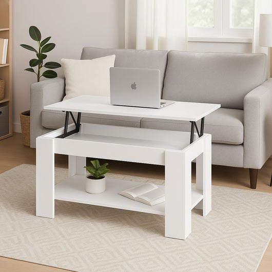 Tavolino Soggiorno Salotto Moderno con Rialzo Vano Contenitore Apribile Legno Bianco