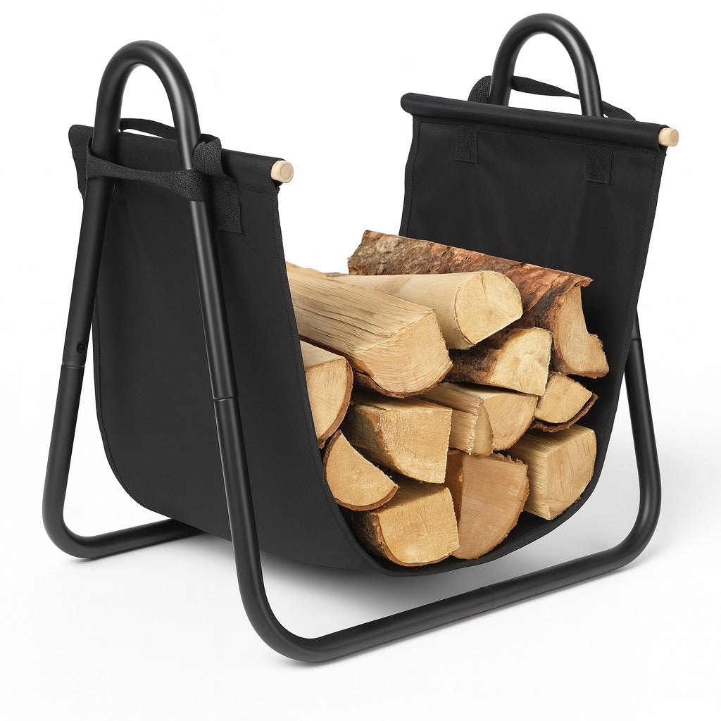 Culla Portalegna Metallo con Cesto Tessuto Oxford Porta Legna Camino Stufa Nero