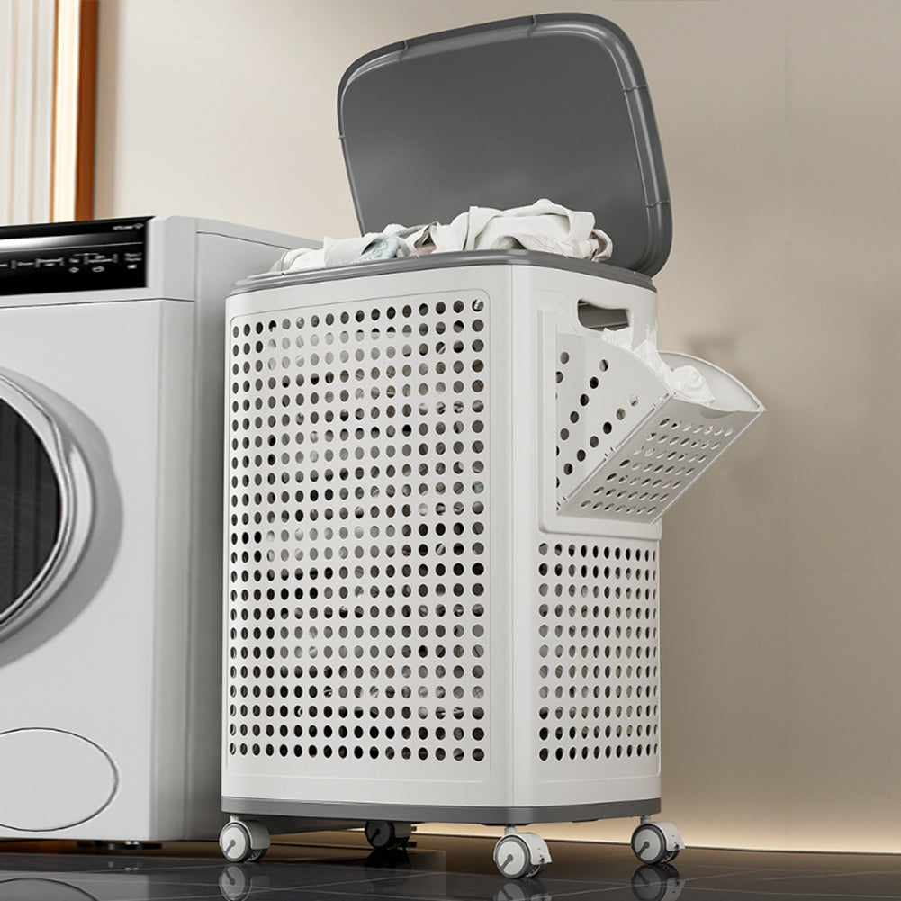 Portabiancheria con Ruote 60L Bianco Cassetti Separatori Anti Odore con Coperchio Rimovibile