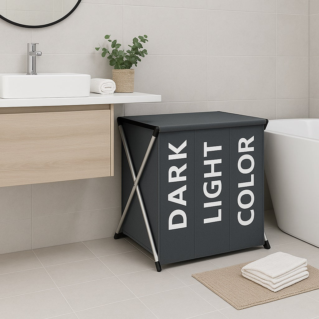 Cesto Biancheria 3 Scomparti Pieghevole Portabiancheria Metallo Tessuto Grigio