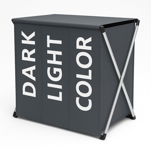 Cesto Biancheria 3 Scomparti Pieghevole Portabiancheria Metallo Tessuto Grigio