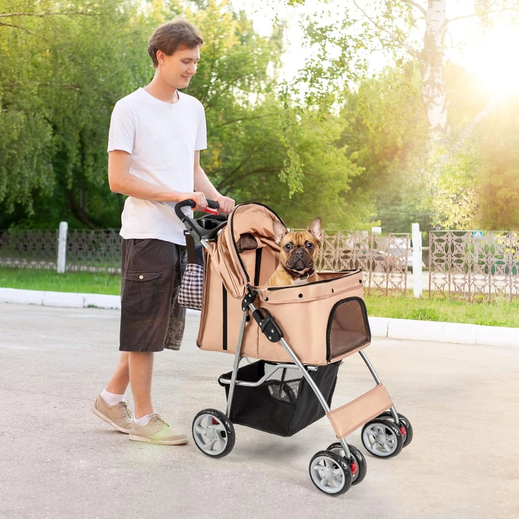Passeggino per Cani Pieghevole, Carrozzina per Cani a 4 Ruote con Finestra a Rete Porta Bicchiere e Cesto, Passeggino Portatile per Animali Piccola e Media (Beige)