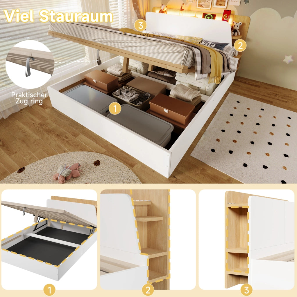 Letto 140x200 cm con contenitore idraulico, LED e USB-C