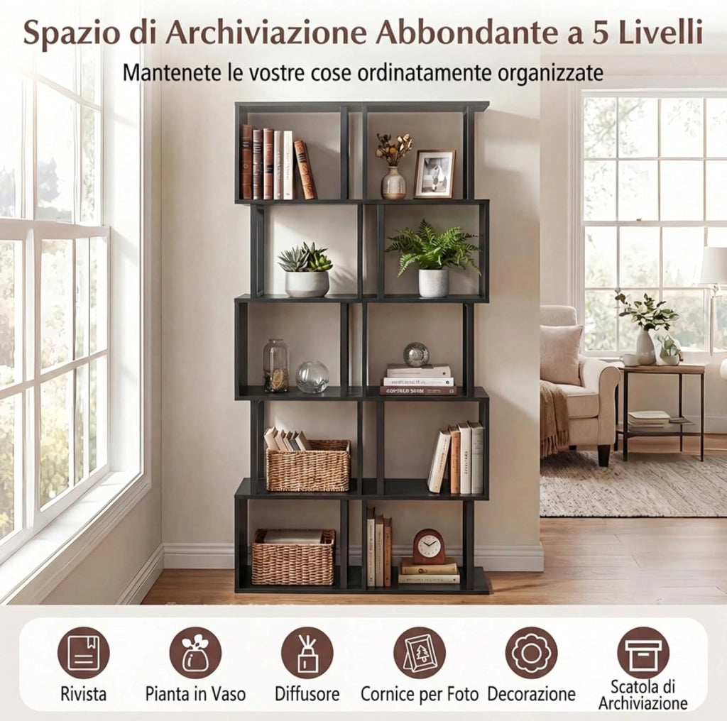 Libreria a 5 Livelli in Legno, Scaffale Espositore Geometrico con Struttura in Metallo, Mobile Portaoggetti Salvaspazio per Camera da Letto Soggiorno Ufficio, 38x23x147 cm (Nero)