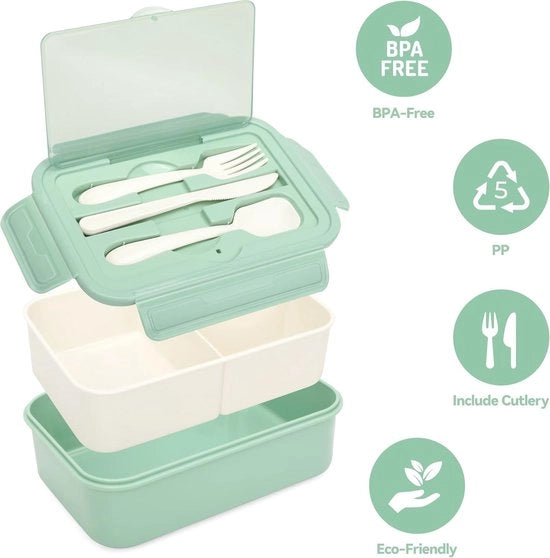 Bento Box per adulti 1400 ml con 3 contenitori per bambini, inclusa snackbox per microonde e lavastoviglie, scuola, lavoro, picnic, viaggi (verde chiaro + contenitore di cottura)