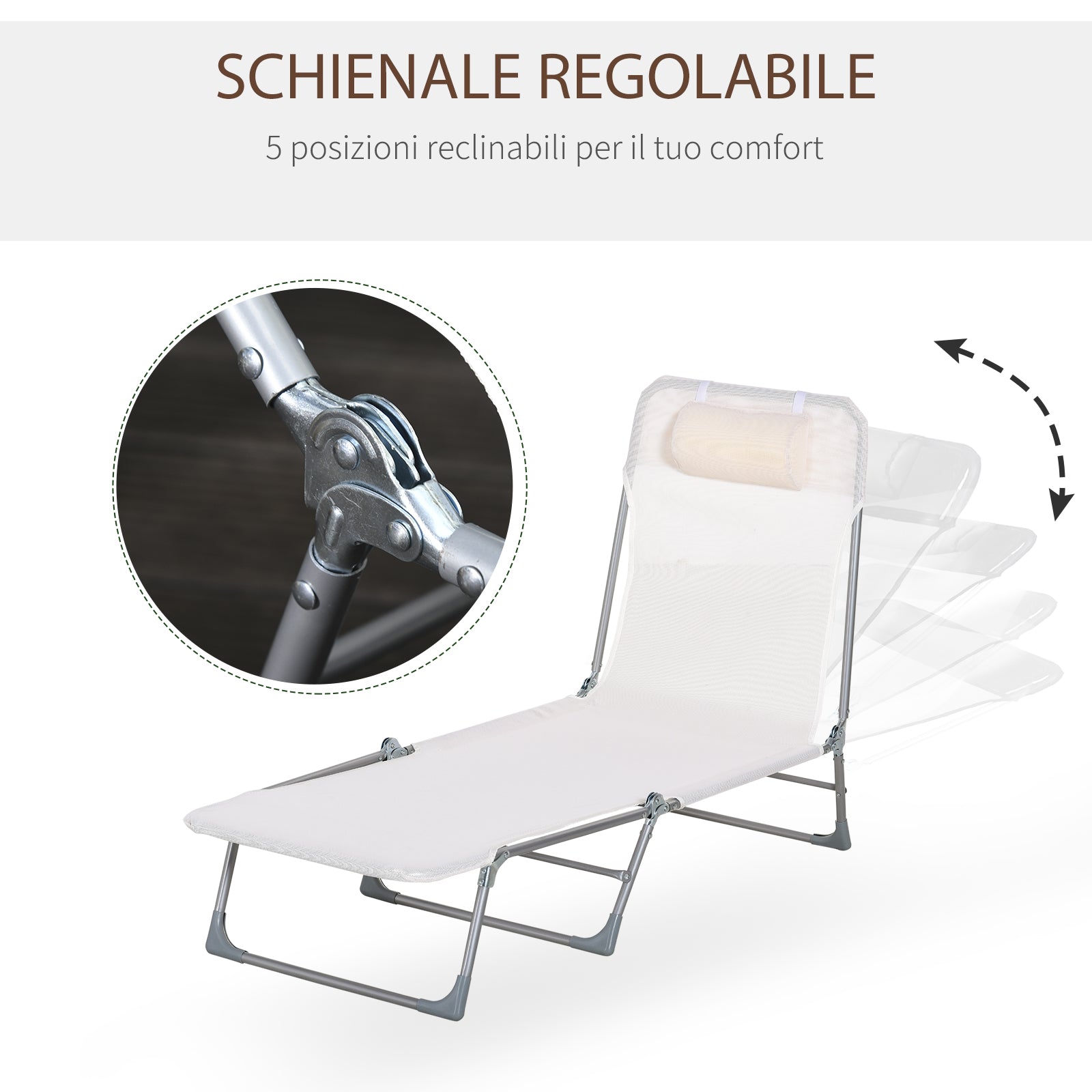 Sdraio da Giardino 182x56x28 cm Pieghevole con Schienale Reclinabile e Cuscino in Metallo e Texteline Crema