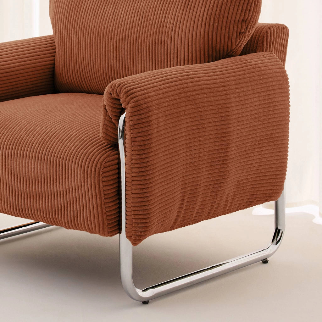Poltrona vintage in velluto a coste con struttura cromata, terracotta