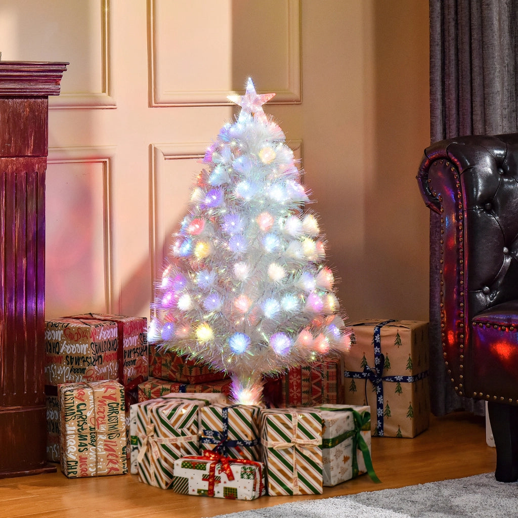 Easycomfort Albero di Natale Artificiale 90cm con 90 Luci LED Colorate e Fibre Ottiche, 90 Rami, Base in Metallo Pieghevole, Bianco