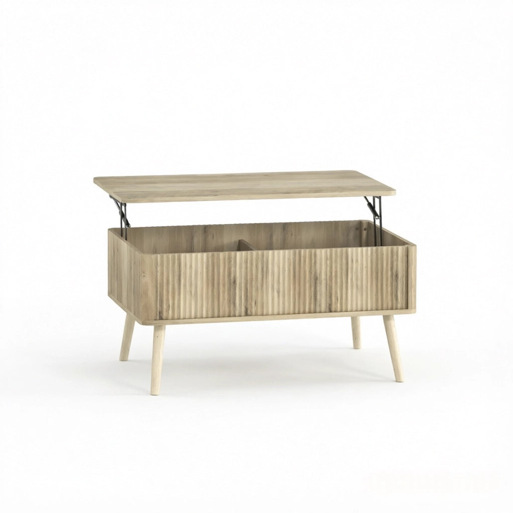Tavolino da salotto alzabile con 2 vani nascosti; piano regolabile e angoli arrotondati; in MDF e pino; rovere