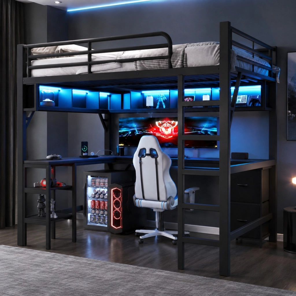 Letto a soppalco 140x200 cm con scrivania, LED e USB, nero