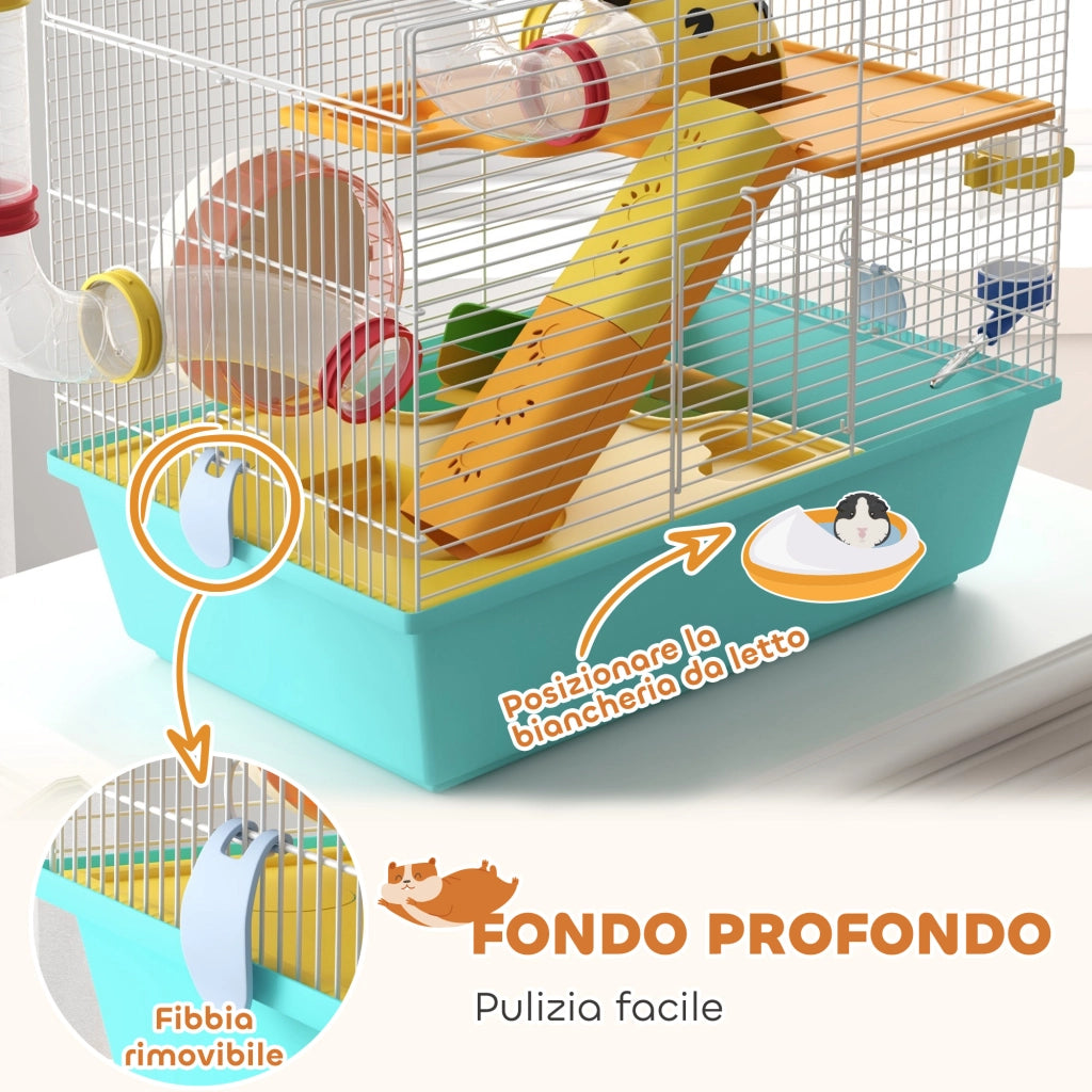 Casetta per Criceti con Ruota, Ciotola e Rampe ¨C zephmum ¨C 45x28x37 cm Bianco Azzurro