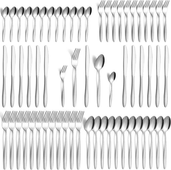Set di posate in acciaio inossidabile da 60 pezzi per 12 persone - finitura lucida, resistente al lavastoviglie, progettato ergonomicamente