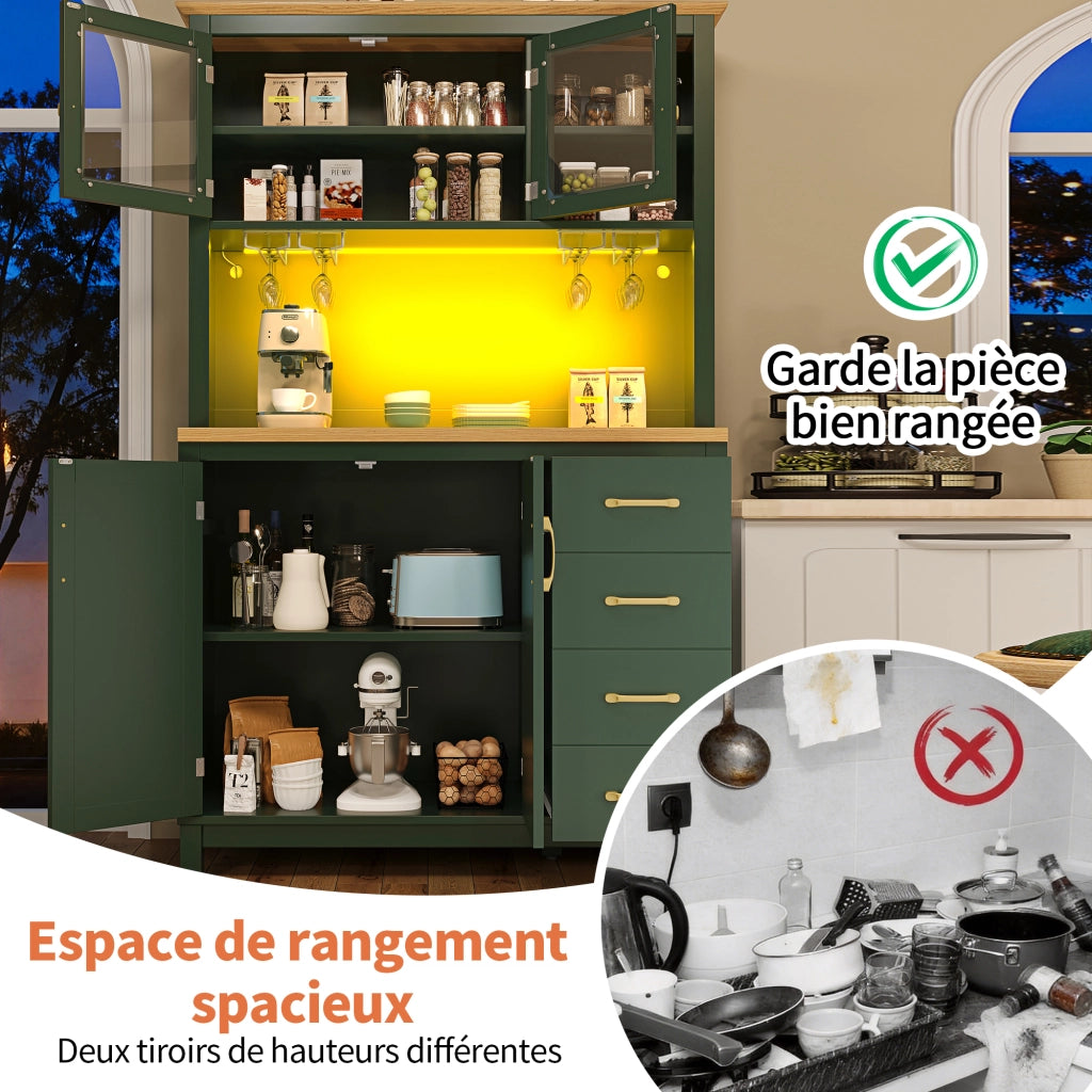 Credenza e madia con 4 ante, ripiani interni e LED, per cucina e soggiorno, in MDF verde, 105,5 × 40 × 180 cm