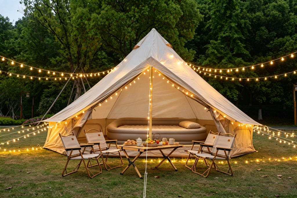 Tenda A Campana Per Campeggio Familiare Beige 300 X 300 X 200 Cm In Poliestere Per 3-4 Persone Con Bocchetta Per Stufa