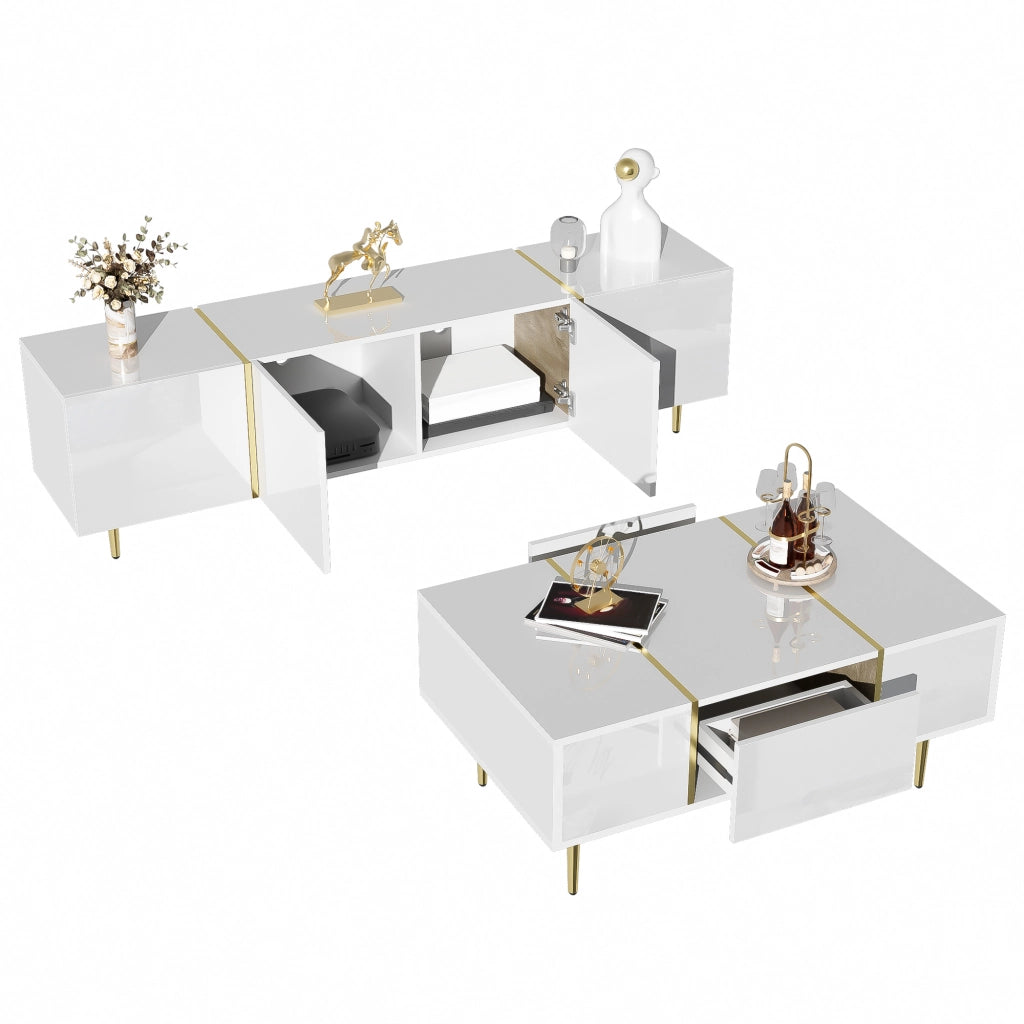 Set Mobile TV e Tavolino Bianco Lucido 170 cm in MDF con Dettagli Dorati