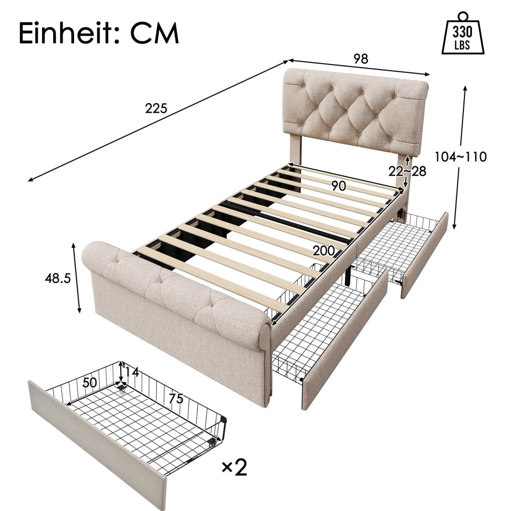 Letto singolo imbottito ULEVR 90x200 cm con 2 cassetti e testiera regolabile, naturale