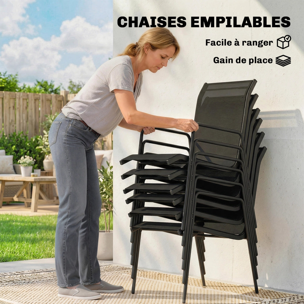 Set Giardino 6 Posti con Sedie Impilabili ¨C zephmum ¨C Textilene Nero 70x51x87