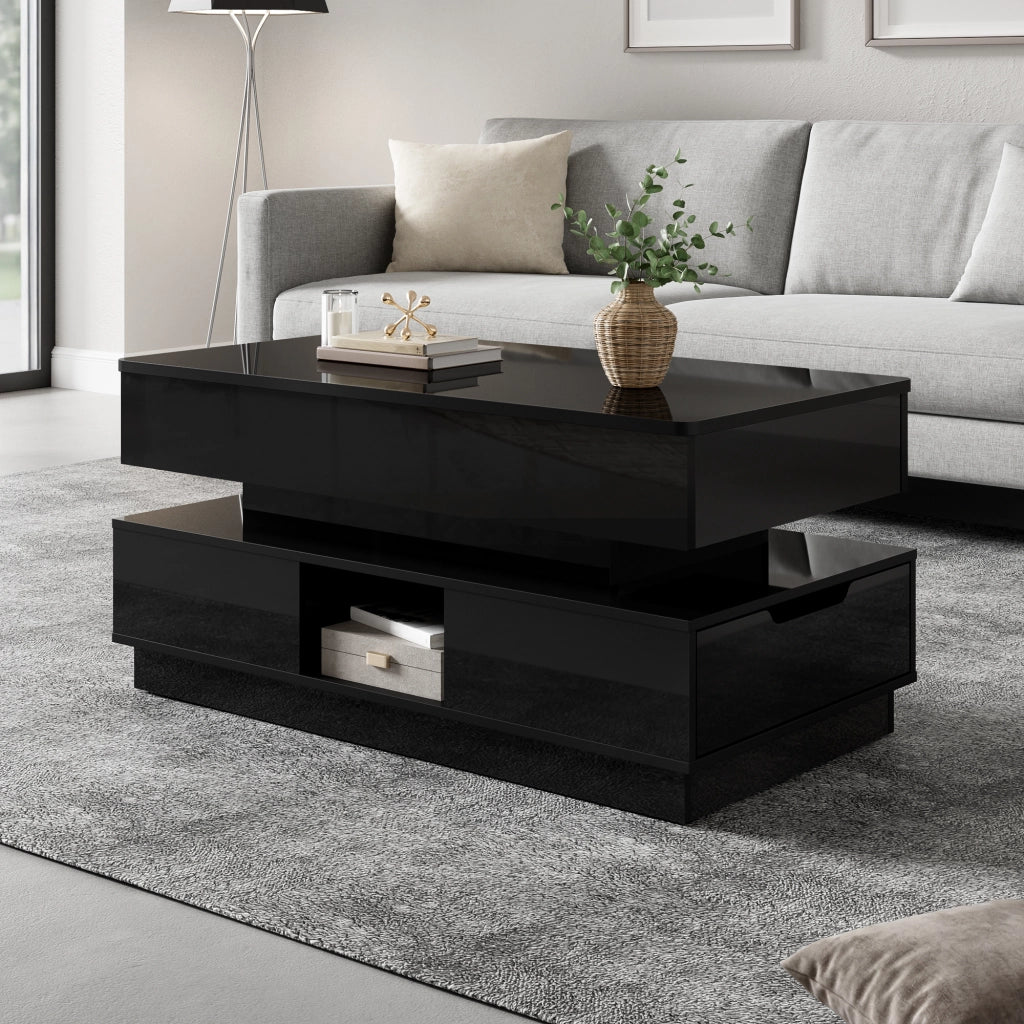 Tavolino basso sollevabile con cassetti vani aperti presa integrata e LED finitura lucida in MDF nero 90 × 48 × 42,5 cm