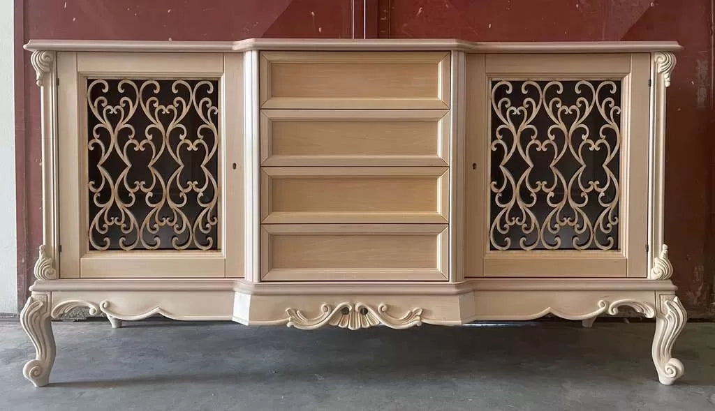 Credenza 2 porte 4 cassetti classica barocco legno grezzo incisa 174x60x92 - Mobili 2G