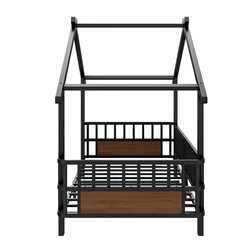Letto per bambini in metallo a forma di casetta 90x200 cm, con sponde di sicurezza, nero