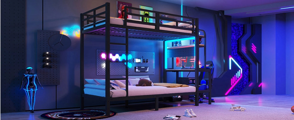 Letto a castello 90 × 200 cm con scrivania, ripiani, LED e USB, con barriera di sicurezza, senza materasso, nero