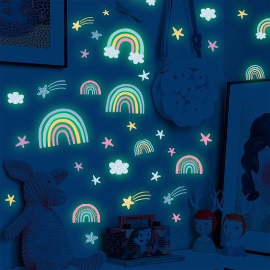 Decorazione per Parete con Design Artistico - LED - Arcobaleno/Nuvole - PVC Autoadesivo - Decorazione per Camera dei Bambini - Sicura al Buio