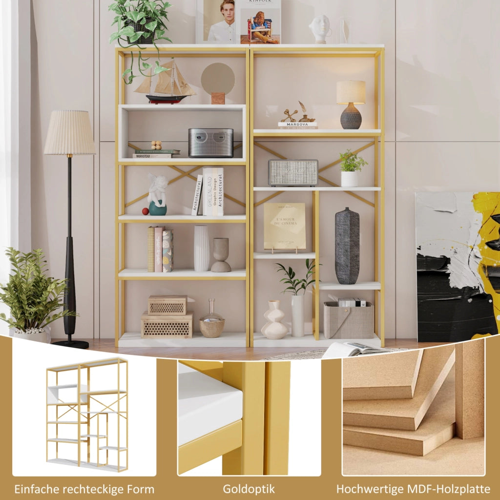Libreria a ripiani aperti 160 x 29;5 x 180 cm in MDF e metallo oro e bianco