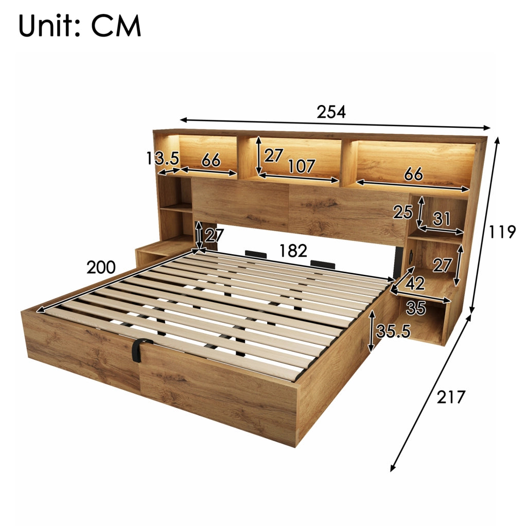 Letto matrimoniale 180x200 cm rovere con LED, USB e comodini