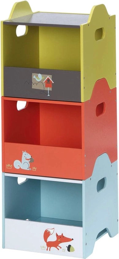 Set di 3 scatole di legno colorate per giocattoli per bambini, arancione/giallo/azzurro