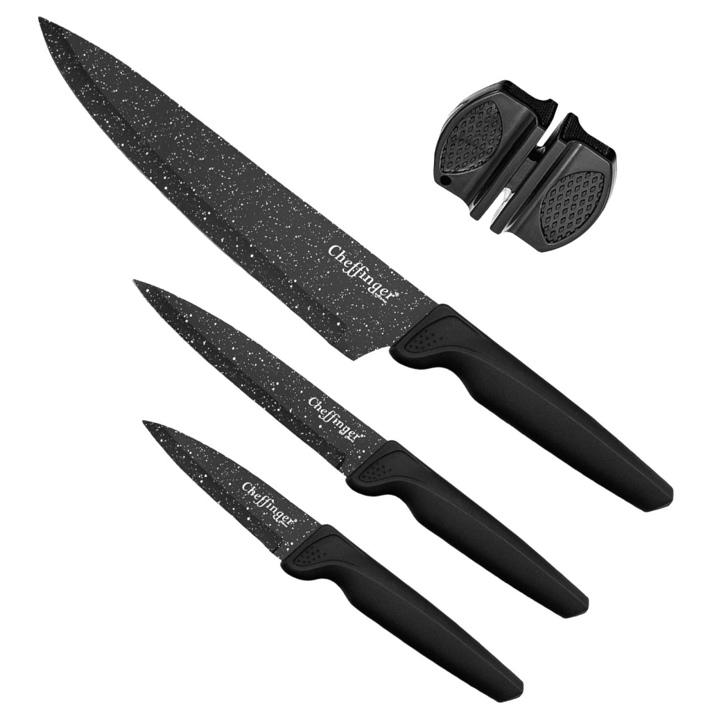 Set di 4 coltelli da chef da cucina Rivestimento in marmo con affilatore Nero Cheffinger