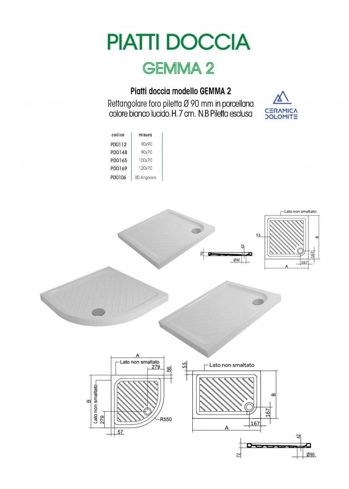 Piatto doccia in ceramica antiscivolo alto 7 cm Gemma 2 Ceramica Dolomite - Misura: 70 x 120 x h7 cm