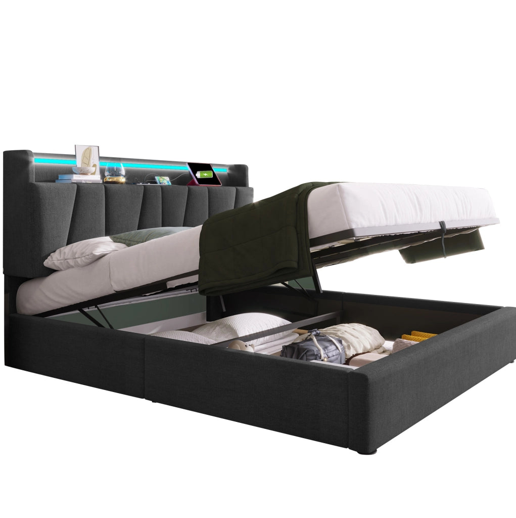 Letto matrimoniale 140x200 cm in lino grigio con contenitore; testiera con USB e LED RGBW; con materasso