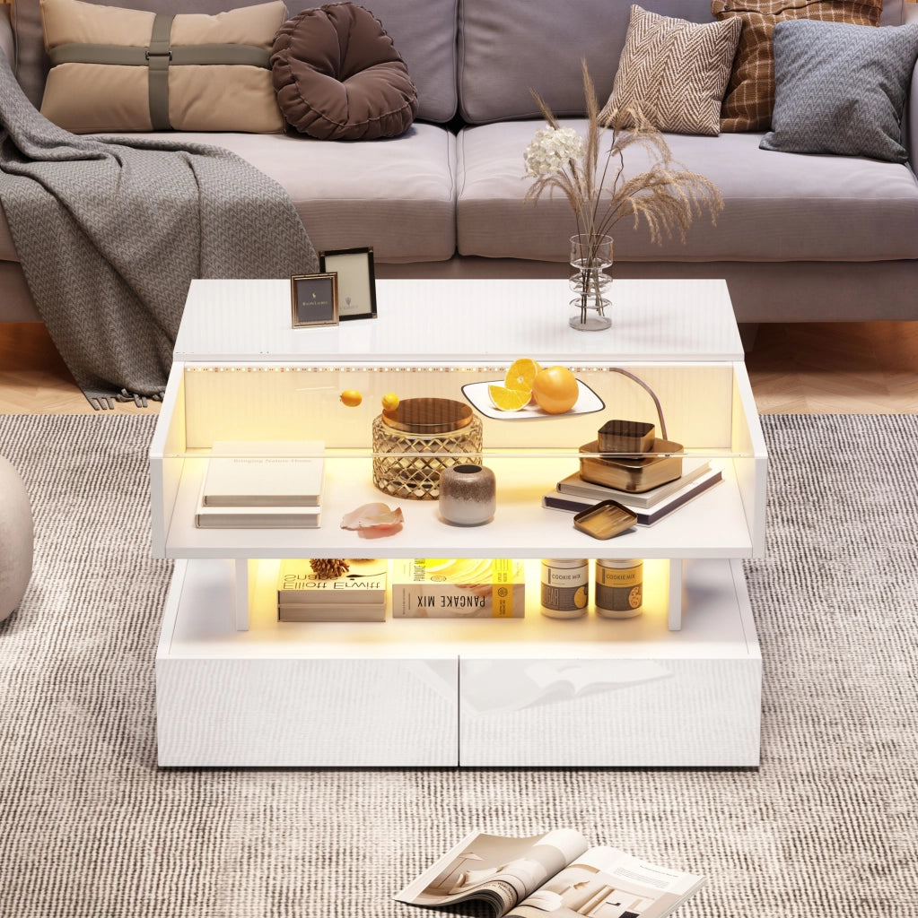 Tavolino da caffè 80x80x45 cm; sollevabile con LED e 2 cassetti; pannello truciolare e vetro temperato bianco