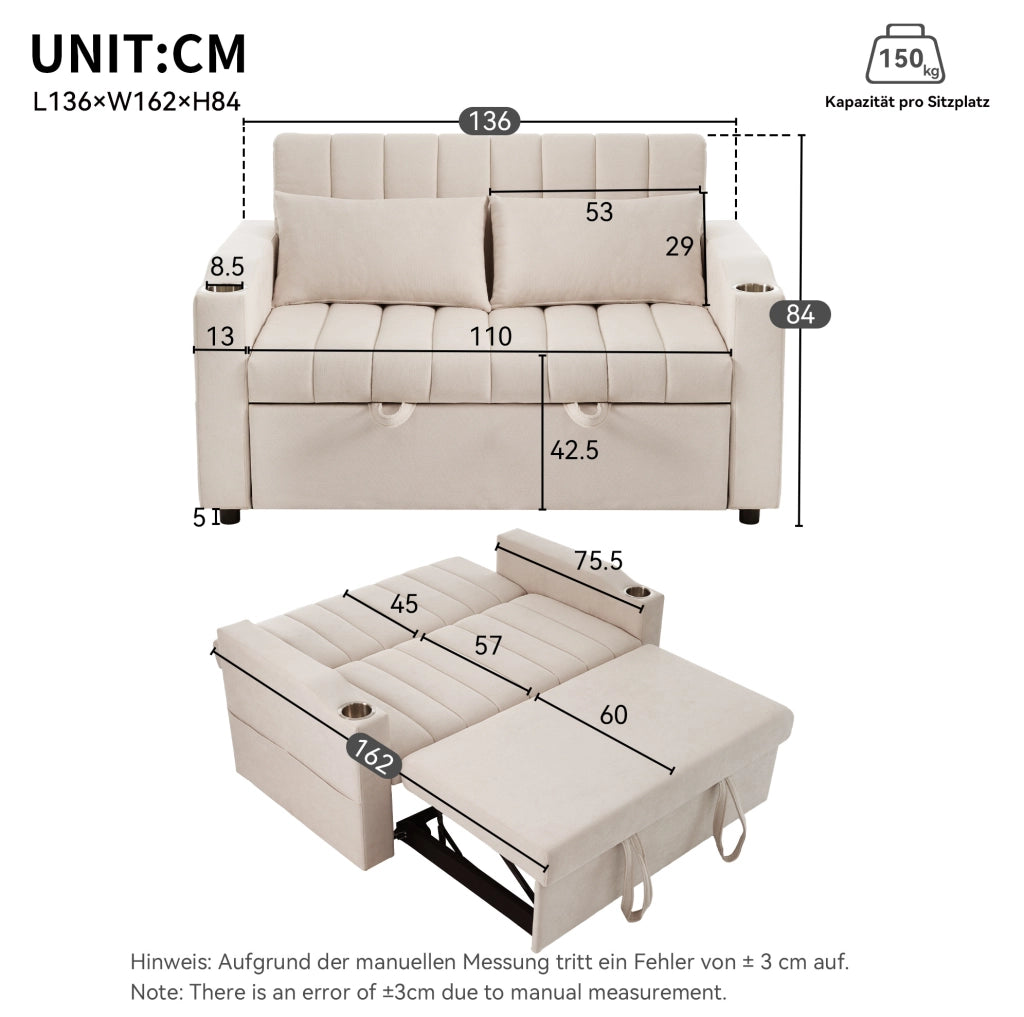 Divano letto 2 posti beige con schienale reclinabile e portabicchieri