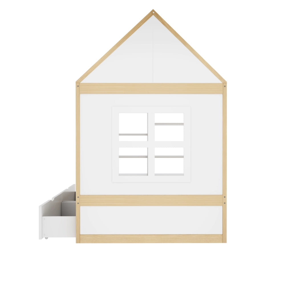 Letto a casetta 90x200 cm con LED e 2 cassetti in legno bianco