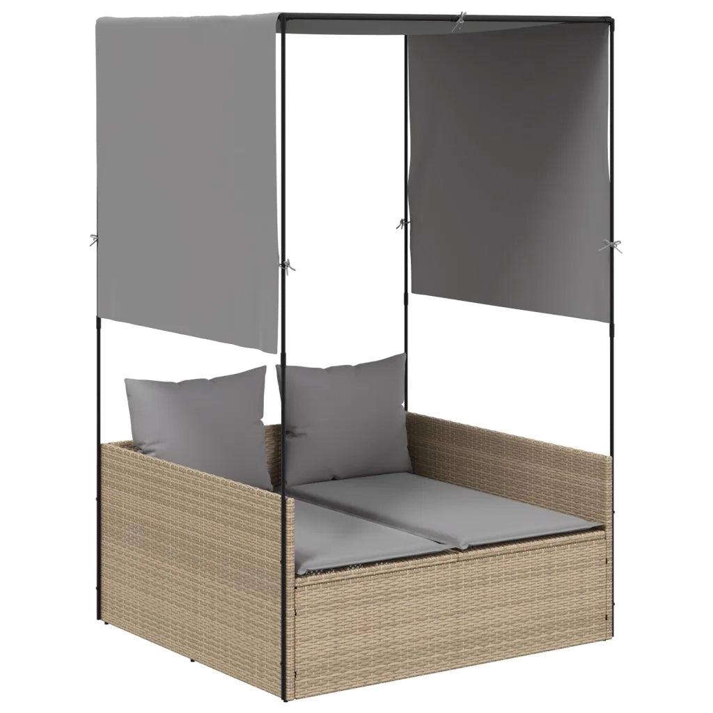 Lettino Prendisole | Sdraio da giardino | Lettino da sole con Tetto e Tende Beige in Polyrattan